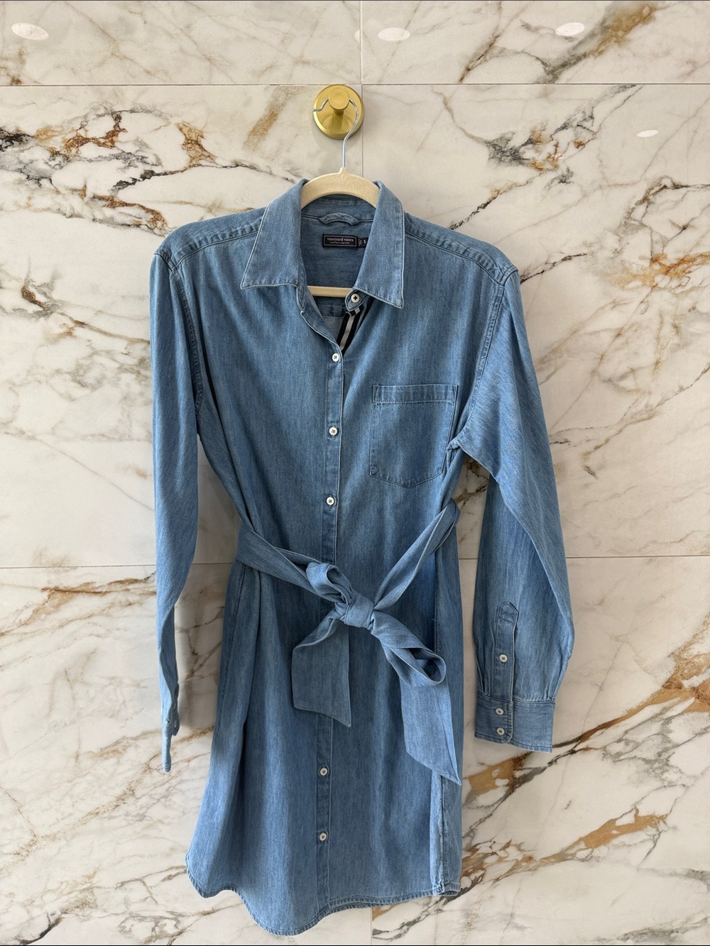 Vineyard Vines Light Blue Denim Shirt Dress with Tie Waist